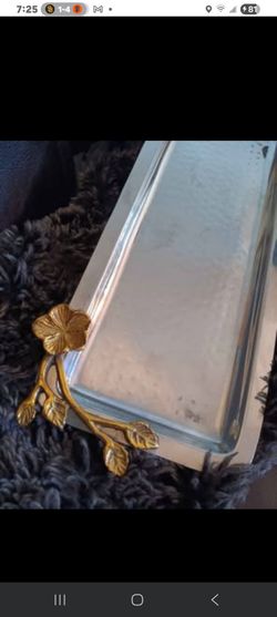 $14 Vintage Serving Tray With Brass Floral Handles. Rectangular Hammered Silver Plate 17"x 6"