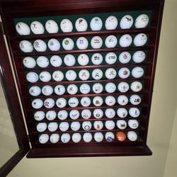 Pair of Vintage golf ball wooden designer mahogany cases glass front wall hanger clubhouse style. 81 brand new balls in each.