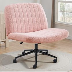 Criss Cross Chair with Wheels Wide Cross Legged Office Desk Vanity Chair Comfy Fabric Armless Adjustable Swivel for Home Computer Task Teddy Pink

