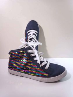 Cat & Jack Rainbow Sequin On Blue Canvas Hightop Sneakers Shoes Youth Girl's -5