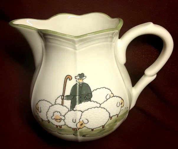Vintage Zeller Fayencerie, 1794 Ceramic Pitcher~Sheep/Shepherd Hand Painted Motif~Rare Kitchen Collectible~Holds 3.5 Cups, EUC