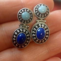 Sterling Silver Designer Signed Lapis And Adventurine Earrings