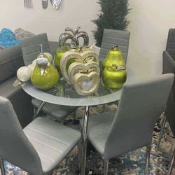 Dining Table Gray, Glass top, Dining Chairs