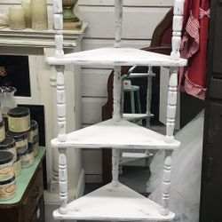 Wooden, White, Distressed, Farmhouse, Shabby Chic, Corner Shelves   Painted with Country Chic Simplicity White, wax sealed.   60” tall, 20.5” wide, 15