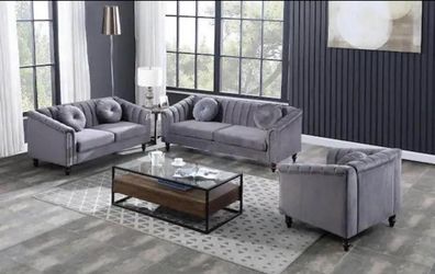 Gray Living Room 3 Piece Set Include Sofa, Loveseat And Chair New In Packaging 