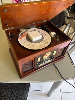 Victrola The Quincy 6-in-1 Bluetooth Record Player & Multimedia Center with Built-in Speakers – 3-Speed Turntable, CD & Cassette Player, FM Radio, Wir
