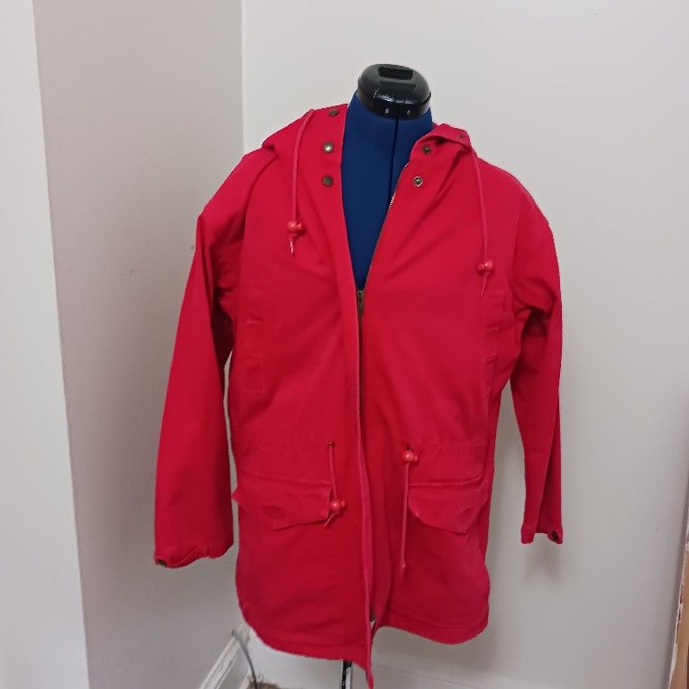 Womans Eddie BauerJacket Coat Barn Cotton Chore Utility Med Red Hood Drawstrings
