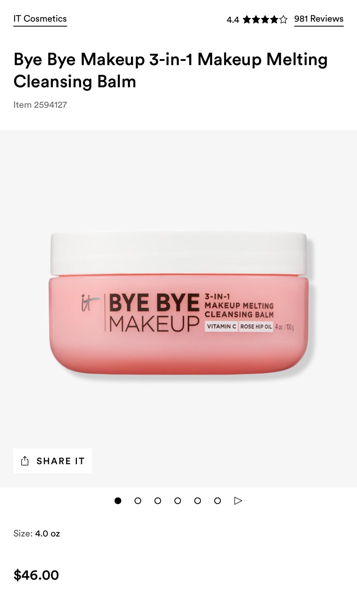It BYE BYE MAKEUP 3-in1 Makeup Melting Cleansing Balm VIT C & ROSE HIP OIL.  New & Authentic 4 Oz 
