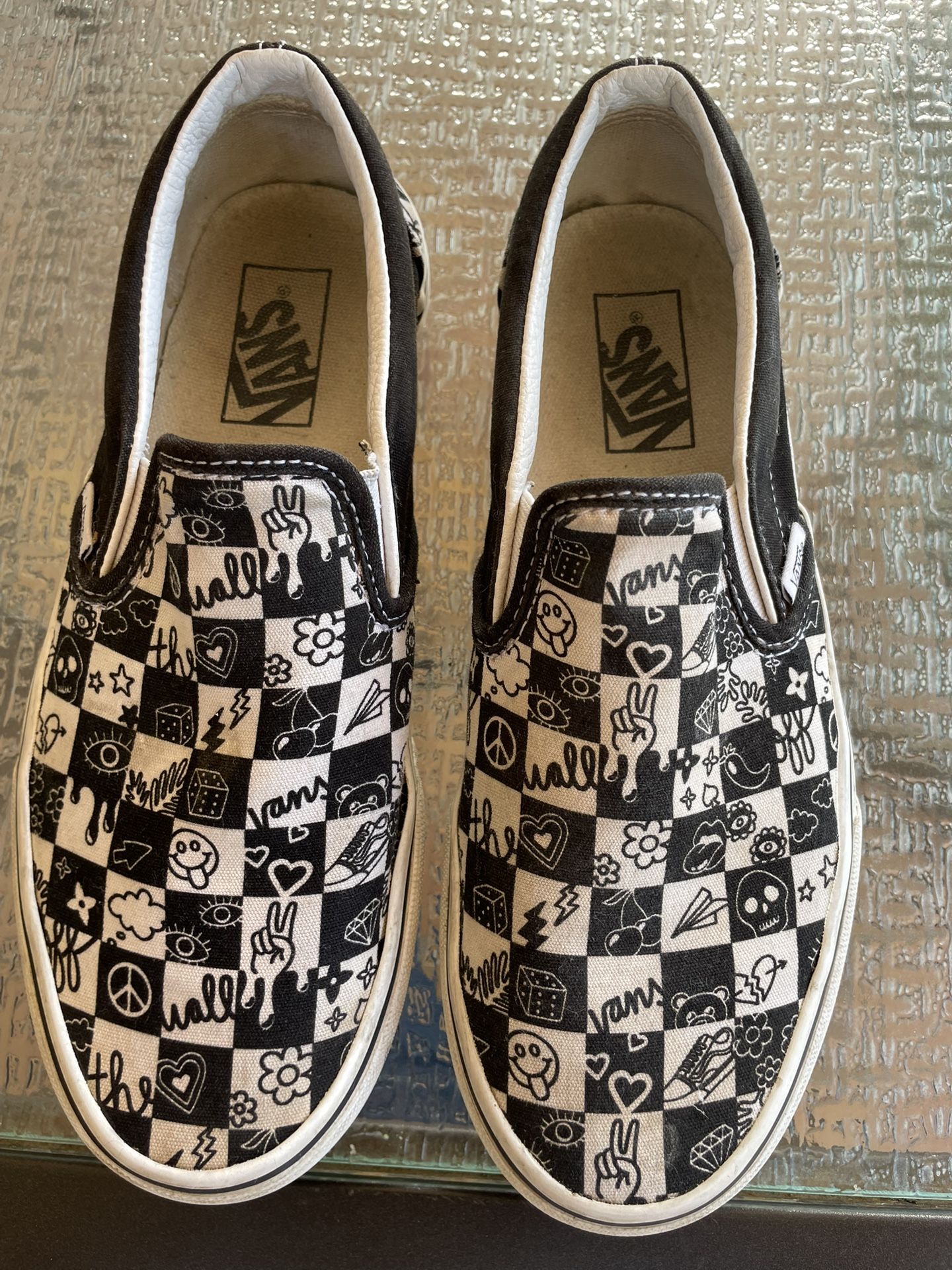 Vans Classic Doodle Checkered Slip-on 'Black White' SZ W 8.5 M 7