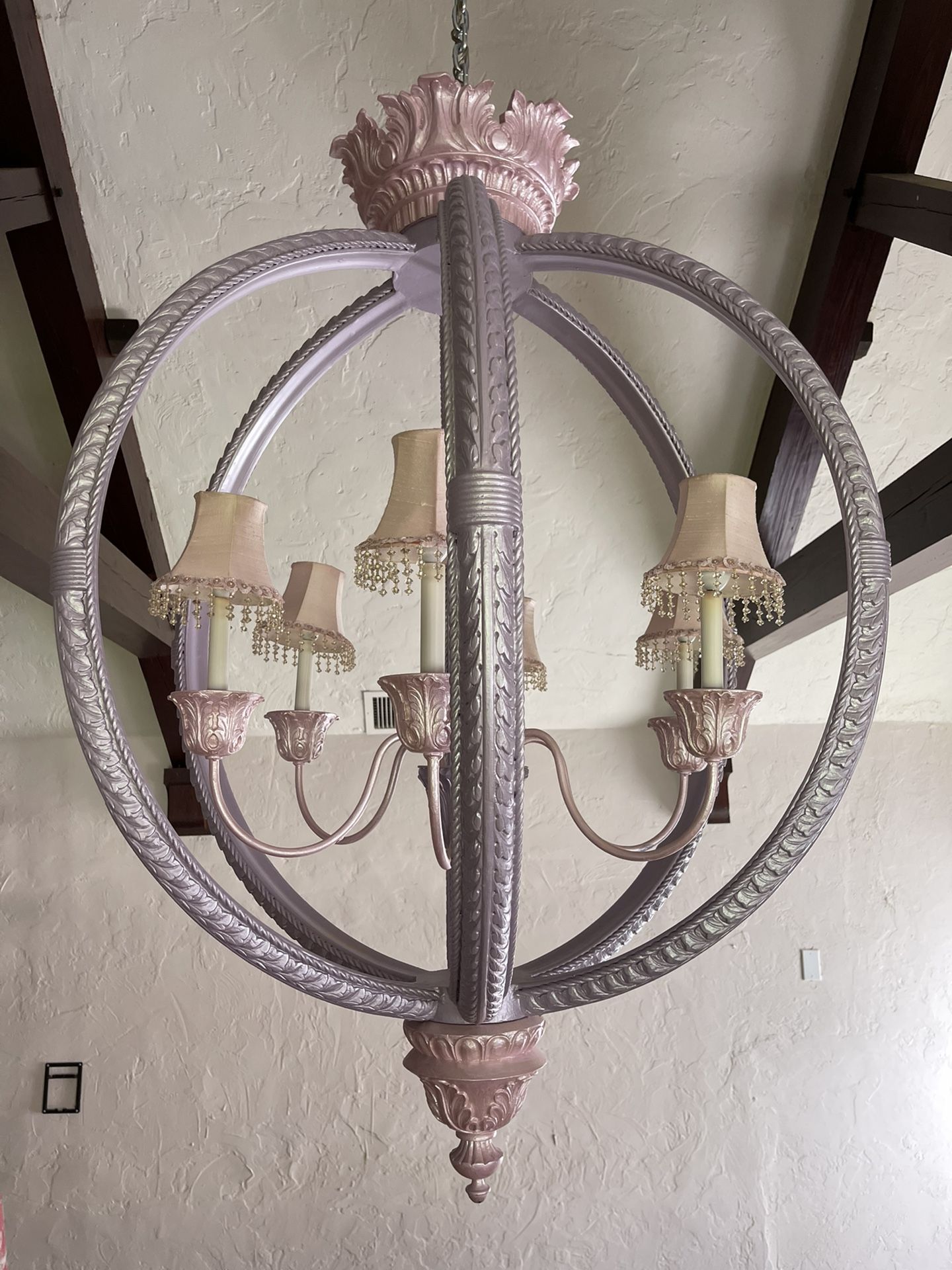 Large Pink & Purple Carved Wood Chandelier Hanging Light Fixture
