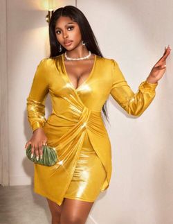 Gold Foil V-Neck Ruched Waist Asymmetric Hem Bodycon Dress for Women Size XL