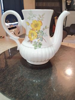 Vintage White Ceramic Teapot with Yellow Floral Design