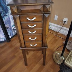 Vintage Jewelry Standing Wooden 5 Drwers And Mirror With Storage