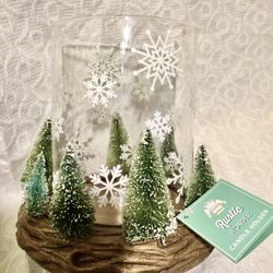 St. Nicholas Square Rustic Winter Candle Holder, Snowflakes & Trees