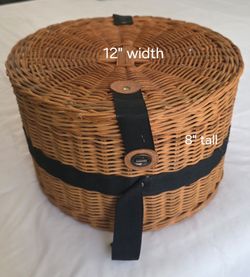 Two matching vintage round bohemian/cottagecore woven wicker baskets