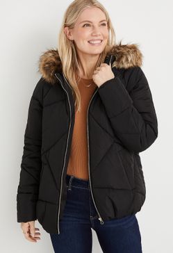Black Faux Fur Hooded Puffer Jacket