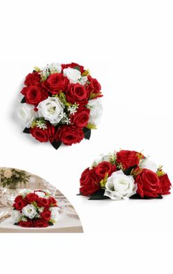 Red White Rose Flower Balls, 2 PCS Floral Centerpieces for Wedding Party Decor
