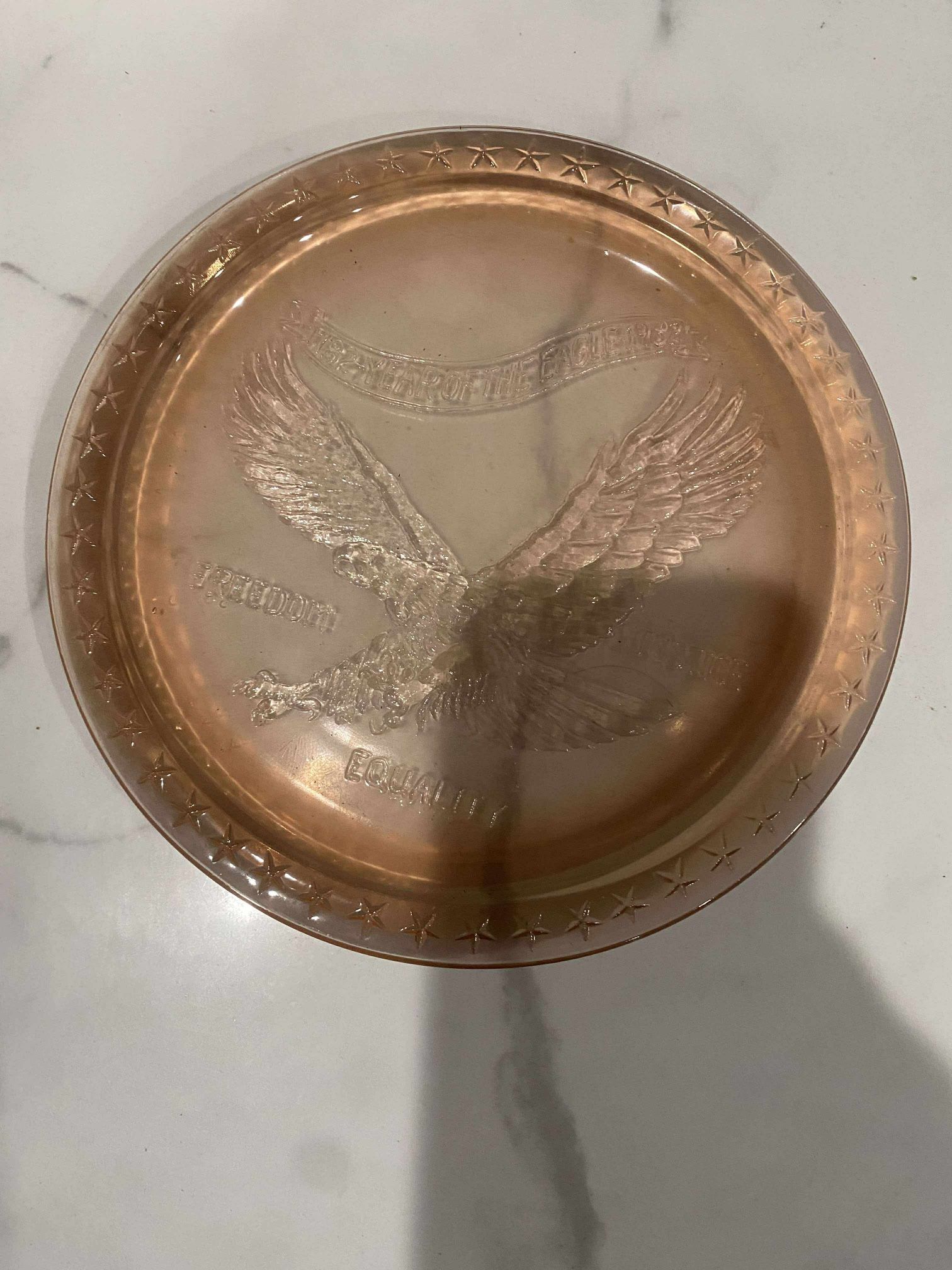 Vintage Indiana Tiara Amber glass, American Eagle plate 8" Year Of The Freedom