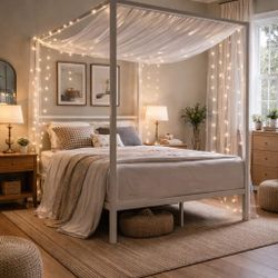 Queen bed Metal Canopy Bed Frame, Modern Four-Poster Platform Bed Frame, Mattress Foundation with Metal Slat Support/Under-Bed Storage Space/No Box Sp