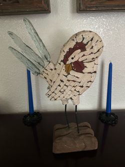 James Haddon Signed Folk Art Wooden Rooster Sculpture 17”