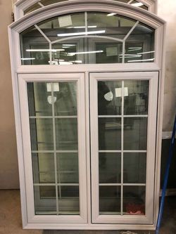 White Vinyl Window with Arched Transom and Grids