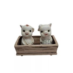 Vintage Dressed Bisque Pigs Salt and Pepper Shakers with crate 