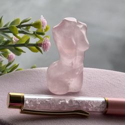 Rose Quartz Set 🌸 Black Pen with Rose Quartz Chips & Rose Quartz Body 
