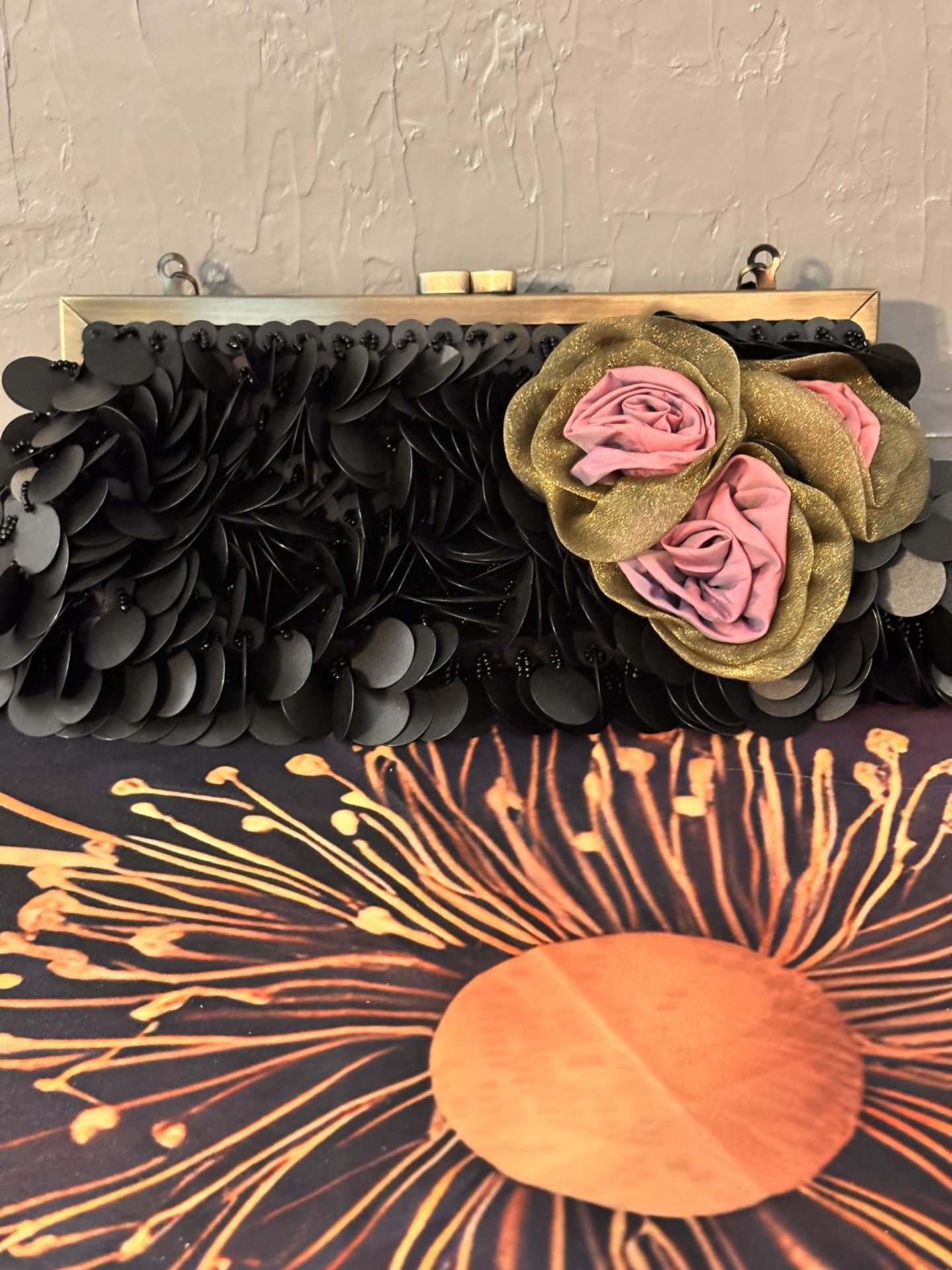 Elegant Evening Bag Black With Chiffon Pink Green Roses On Both Sides 24’’ Chain