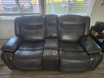 Gray Leather Reclining Loveseat with Console