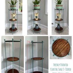 Freshly Painted Coastal Sage 3-Tiered Metal Stand with Bamboo-Like Shelves