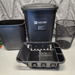 3 black Garbage Cans  1dish rack. 
