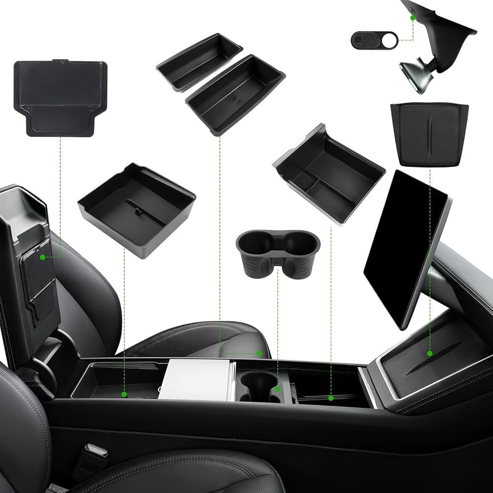 Center Console Organizer Tray for 2025 2026 Tesla Model Y Juniper Accessories, Under Seat Storage Armrest Hidden Storage Box Cup Holder Charger