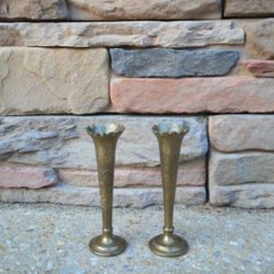 Vintage Small Brass Etched Bud Vases 