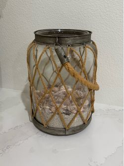 Home/Coastal Decor Fisherman’s Hurricane Candle Lantern in Knotted Jute Rope Netting with Metal Frame  12” x 8”