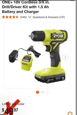 RYOBI ONE+ 18V Cordless 3/8 in. Drill/Driver Kit with 2 Ah Battery and Charger