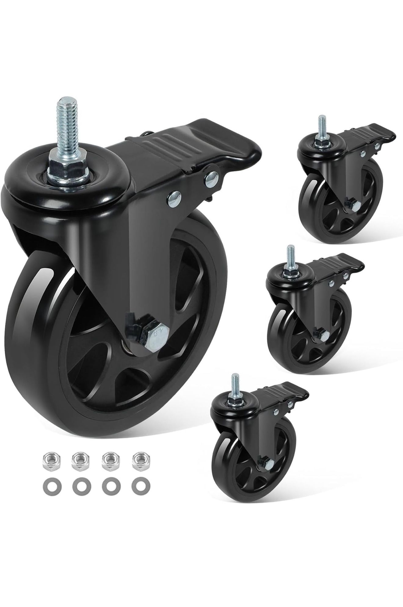 Caster Wheels 5 Inch, Swivel Threaded Stem Casters Set of 4 Heavy Duty 2400lbs, 3/8" -16 x 1 (Stem Diameter 3/8", Stem Length 1") Locking Casters Whee