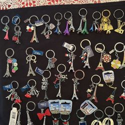 Set of colorful Eiffel Tower keychains.