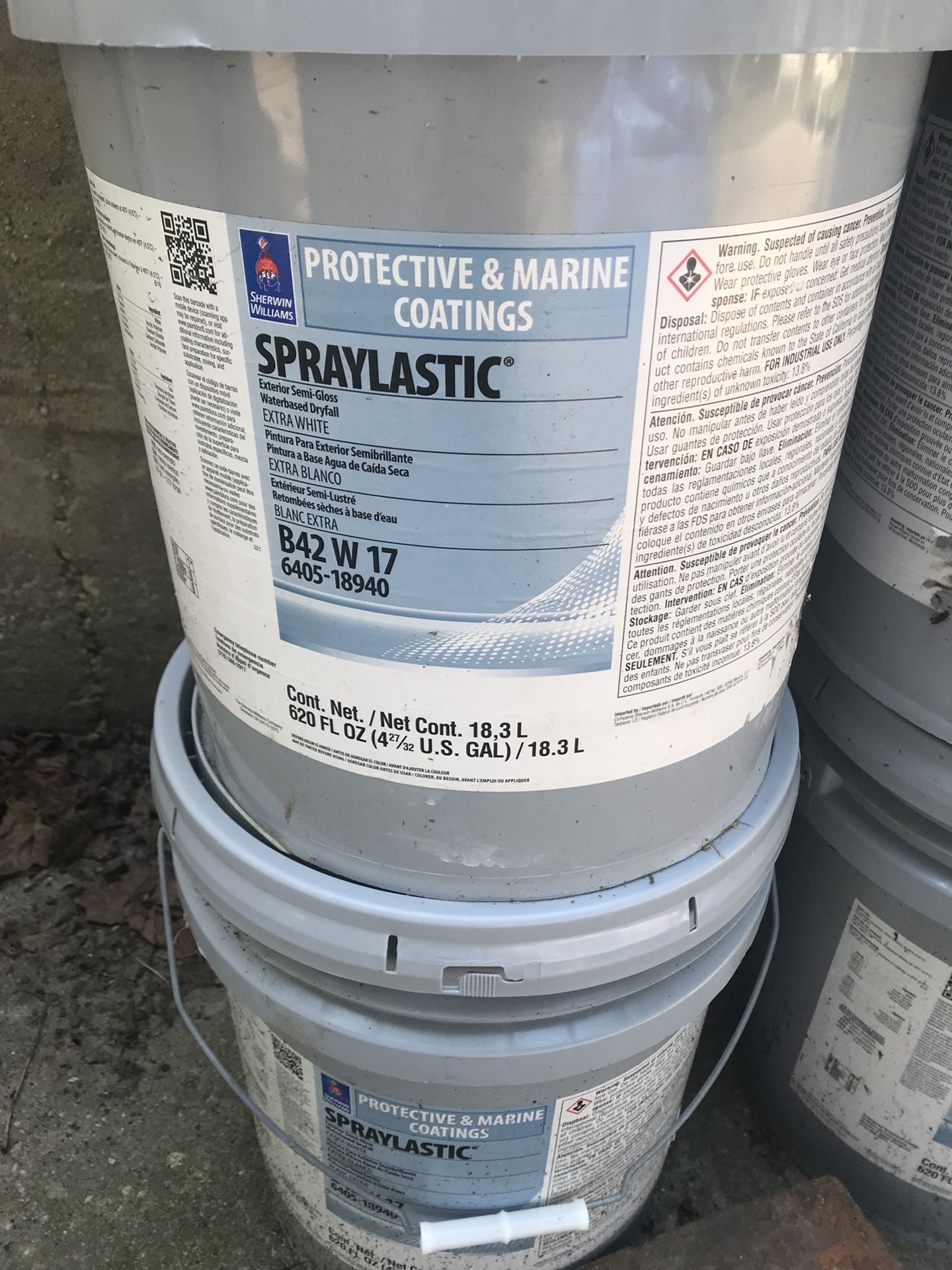 Spraylastic Sherwin Williams extra white semi gloss exterior paint. 5 gallon buckets. $50 each. Up to 10 available.All unopened.