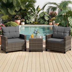 New Heavy Duty 3-Piece Patio Furniture Set, Outdoor PE Rattan Conversation Chair Set with Tempered Glass Side Table and Removable Cushions, Wicker Cha