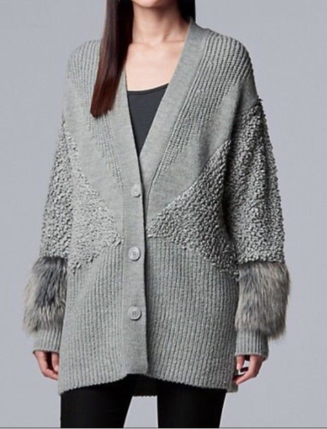 Simply Vera Wang Vera Wang Gray Cartigan With Faux Fur Sleeves