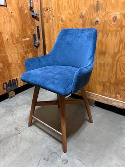 Blue Upholstered Counter Stool with Wood Legs