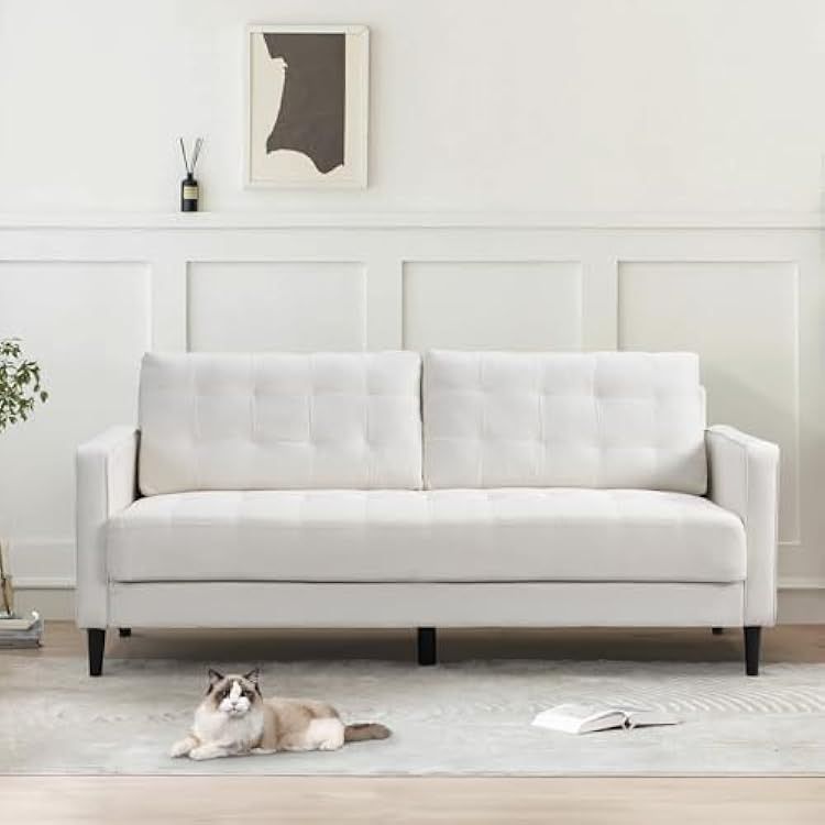 Beige color 74 Inch Loveseat Sofa Couch, Modern Linen Comfy Upholstered 3 Seater Couche