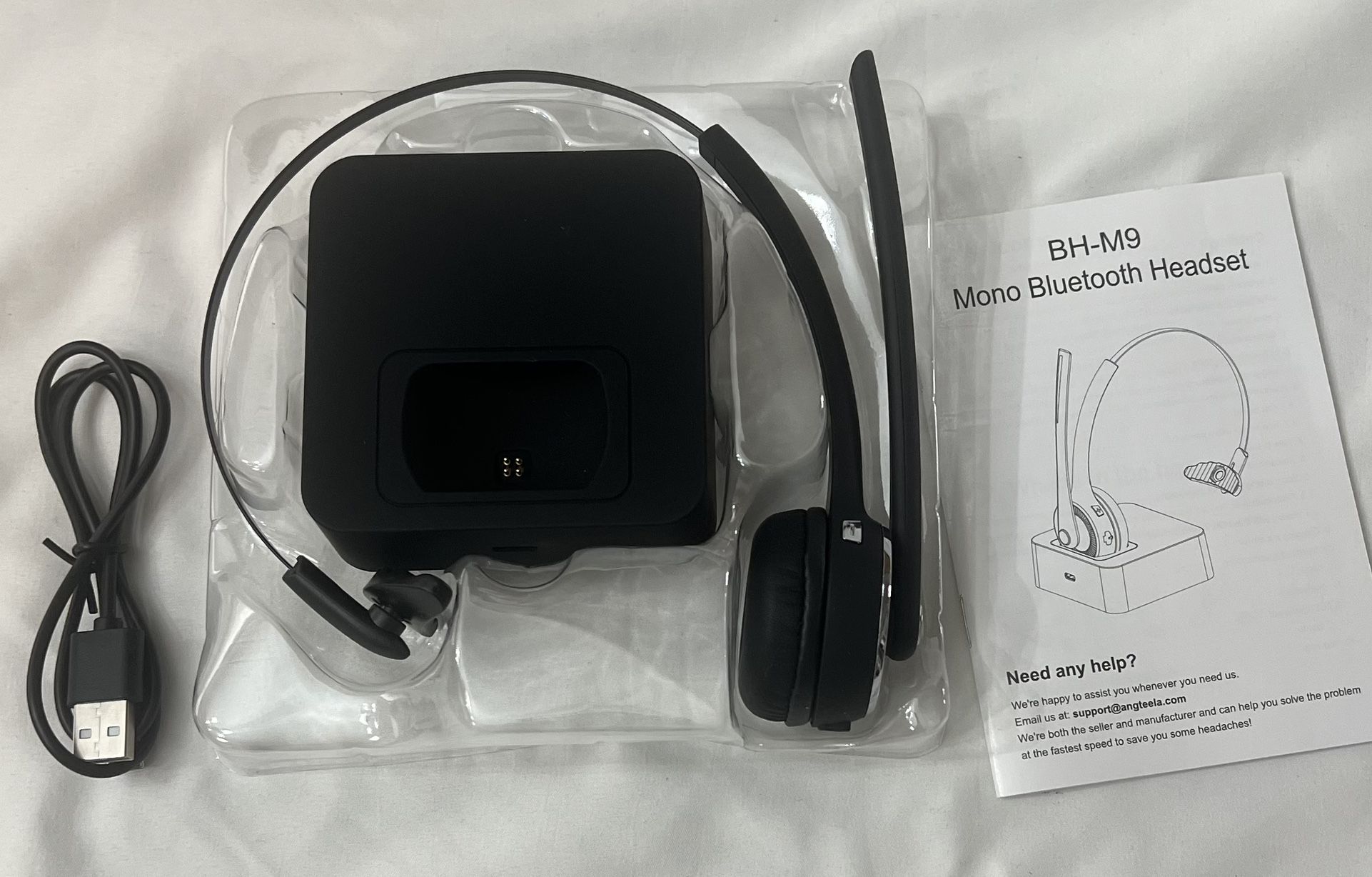 Trucker Bluetooth Angteela Headset with Microphone, Wireless Cell Phone Headset with Noise Canceling Mic Charging Base Mute Function for Home Office C
