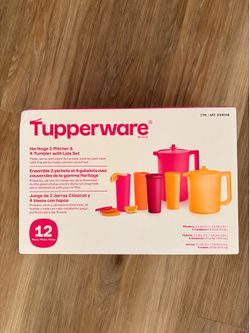 Tupperware Heritage 2-Pitcher & 4-Tumbler Set, Plastic, Dishwasher Safe, 12 Pieces - Pink and Orange
