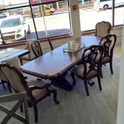 EXCLUSIVE] Maylee Dark Brown Dining Table and 6 Chairs