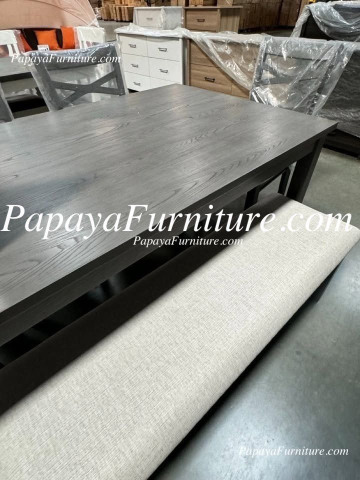 NEW 6 PIECE Dining Room Table and Chair Bench Set Gray Wood Finish Kitchen Furniture Warehouse BIG Discount Clearance Closeout SALE Upholstered Cushi