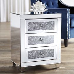 (Two $300 Each) Gia 20" Wide Mirrored Silver 3-Drawer Side Table