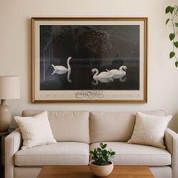 Framed Vintage Art Print – “Three Swans” by Charles Weckler (1988)