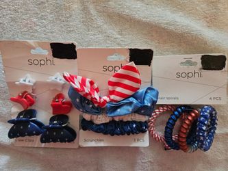 Sophi USA Patriotic Hair Accessory Set 3 Packs Bobbi Pins (6) Scrunchies (3) & Claw Clips(6) New