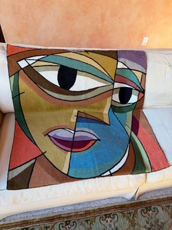 Large 3x3' Picasso Abstract Face Wool Tapestry / Rug - Pristine!
